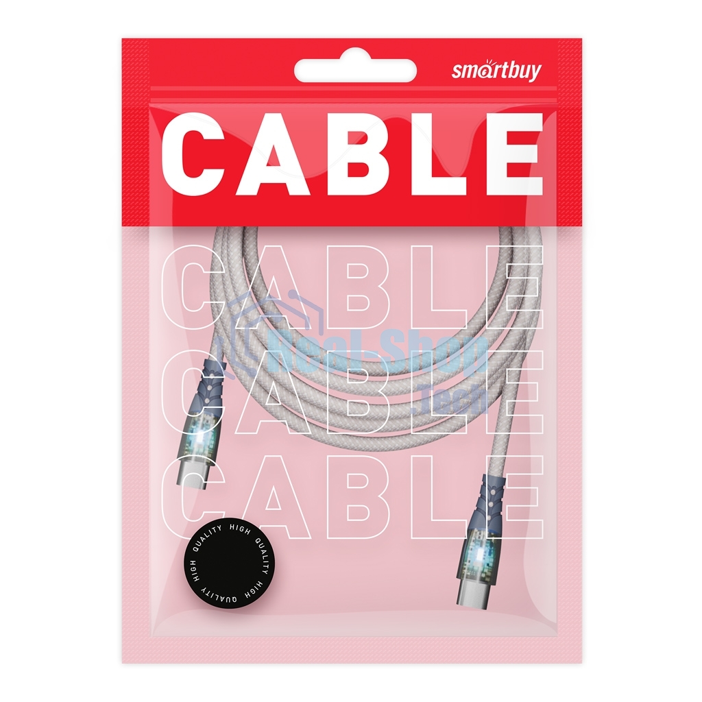 Кабель Smartbuy для зарядки и передачи данных, прозрачные наконечники TYPE C - TYPE C, 3А, нейл., серый, 1 м, IK-3112FCTRANSP-GRAY