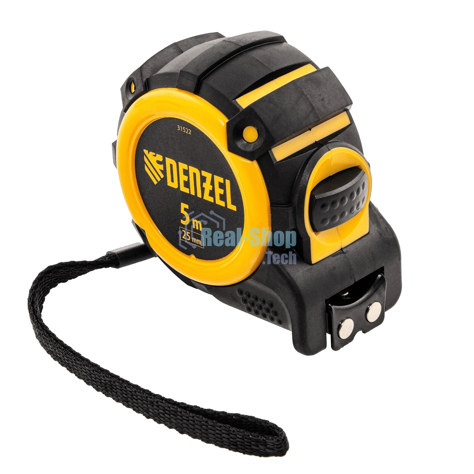 Рулетка Denzel 5м х 25мм, автоматич. фиксац., нейлон. покрытие, магнит. зацеп, двухстор. разметка