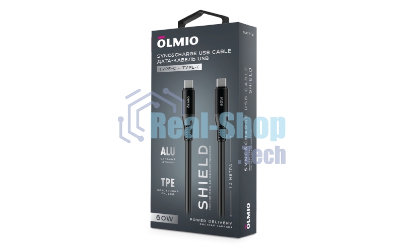 Кабель OLMIO SHIELD, Type-C - Type-C, 60W 3A, 1.2м, черный