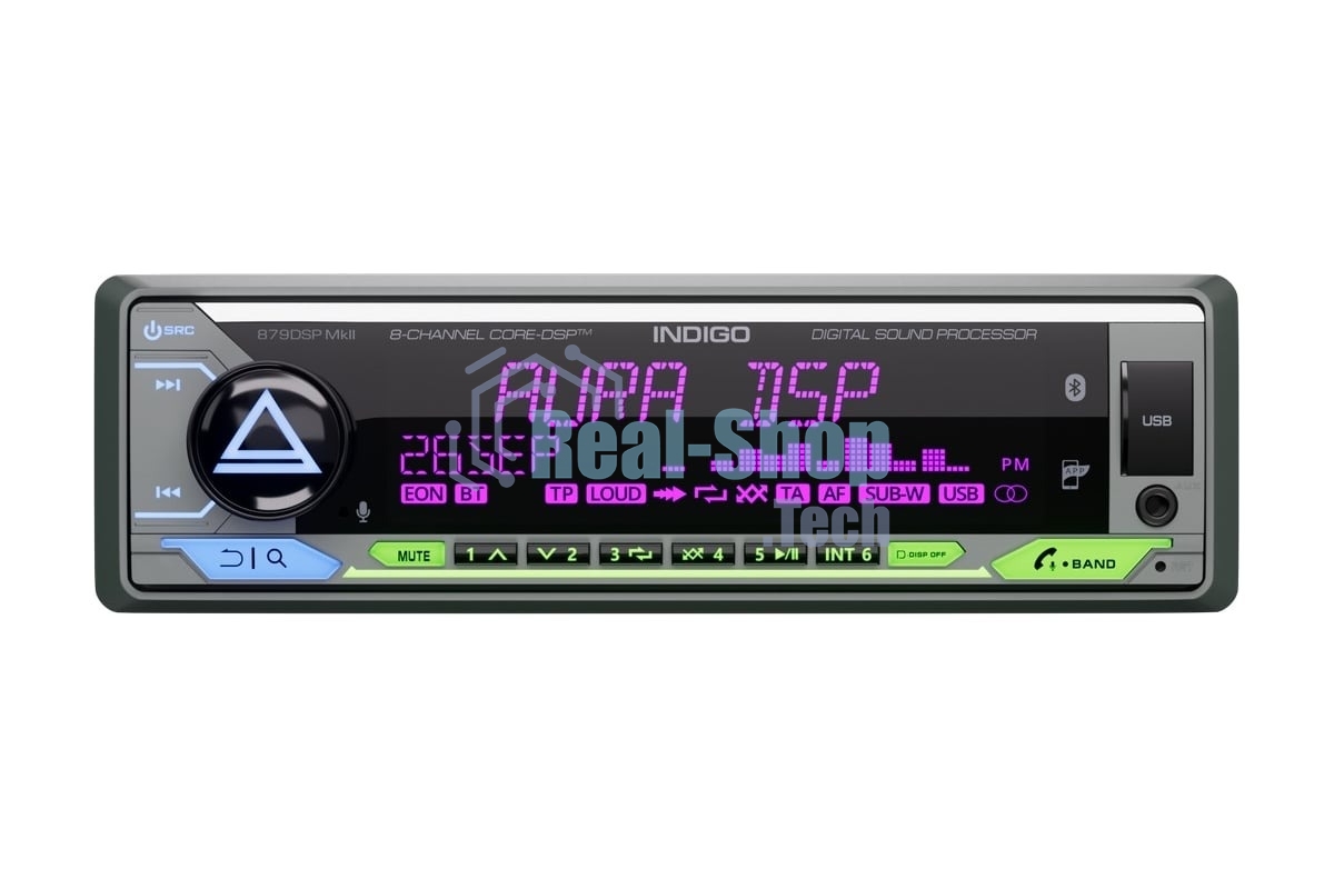 Автомагнитола AURA INDIGO-879DSP, 1 DIN, Bluetooth, USB Type-A, AUX, пульт ДУ