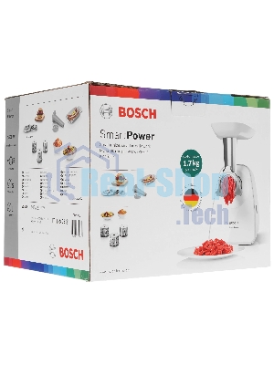 Мясорубка электрическая Bosch MFW2514W белый, 1500 Вт, 1.7 кг/мин, защита от перегрузки, насадки - 3