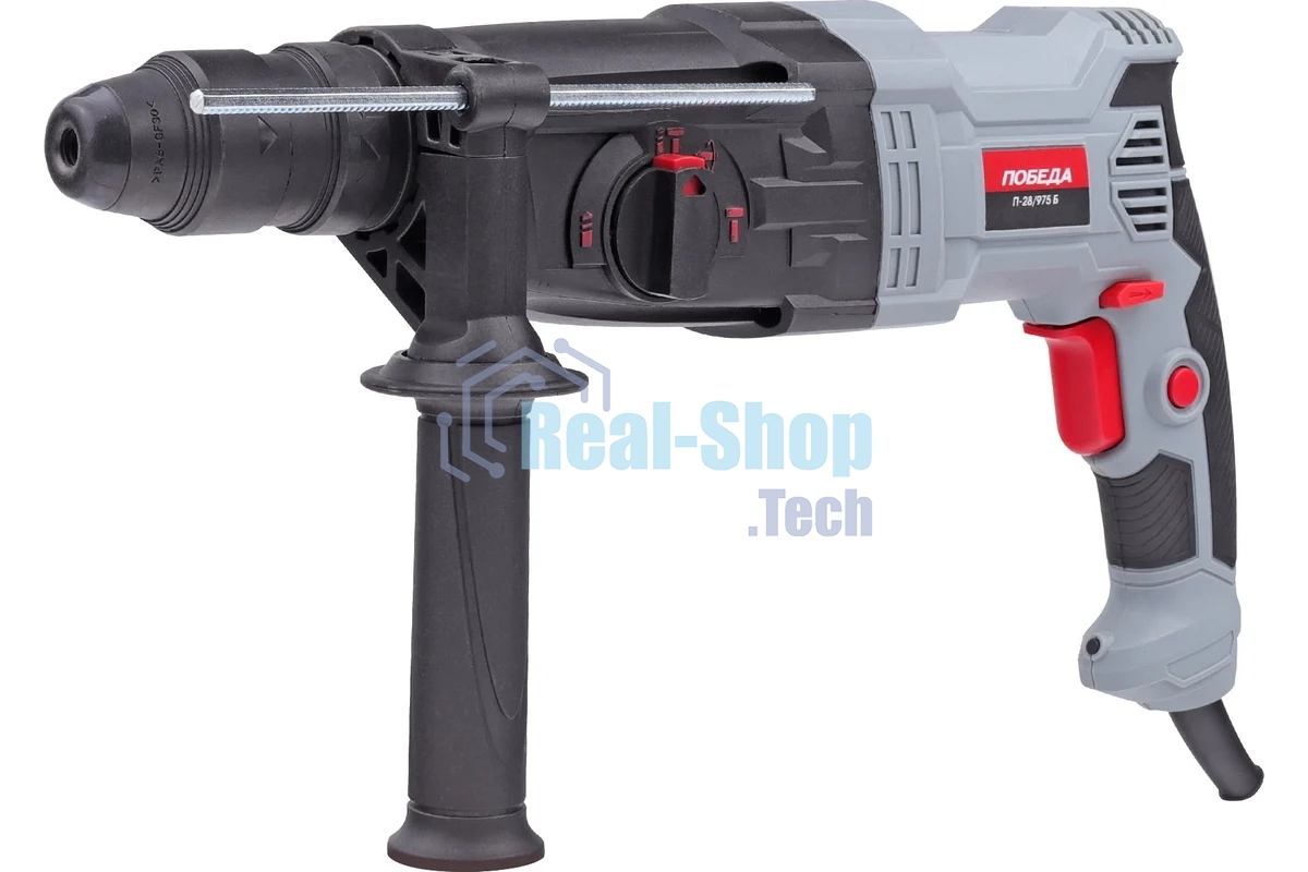 Перфоратор ПОБЕДА П-28/975Б, SDS+, 975Вт, макс. диаметр сверления 28 мм, 1200об/мин, 5300уд/мин, быстрозажимной патрон, дополнительная рукоятка, глубиномер, кейс