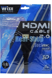 Кабель HDMI C-HM-HM-1.8M Wize, 1.8 м, v.2.0, 19M/19M, позол.разъемы, экран, черный, пакет