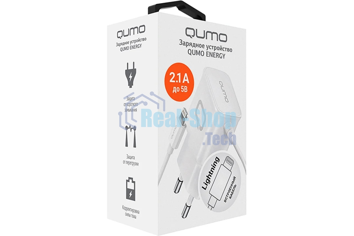 Сетевое зарядное устройство Qumo Energy (Charger 0026) 2.1A, встроенный кабель Lightning 8 Pin, белый