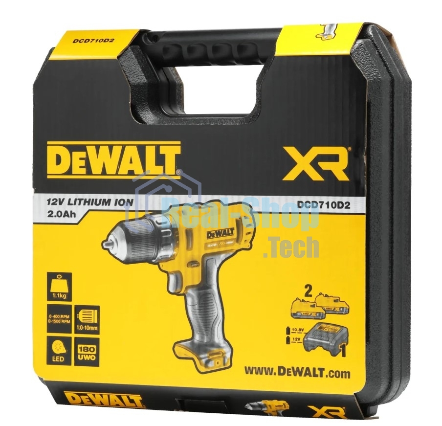 Дрель-шуруповерт DeWalt DCD710D2-QW, 10,8 В, 2 Ач, 24 Нм, щеточный