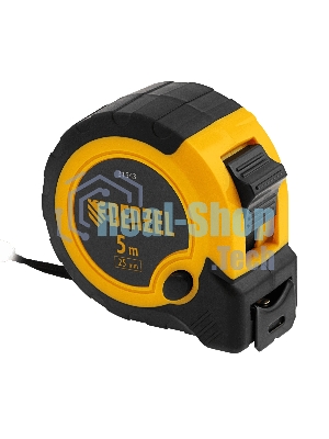 Рулетка Denzel 5м х 25мм, двухкомп. корпус, кнопка-пауза