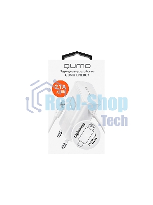 Сетевое зарядное устройство Qumo Energy (Charger 0026) 2.1A, встроенный кабель Lightning 8 Pin, белый