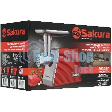 Мясорубка электрическая Sakura SA-6424R красный, 2000 Вт, 3.5 кг/мин, реверс, защита от перегрузки, металлический лоток, насадки - 4