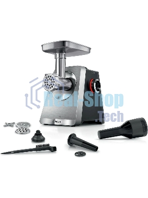 Мясорубка электрическая Bosch Series 8 MFWS820M черный, 2500 Вт, 4.5 кг/мин, реверс, защита от перегрузки, металлический лоток, насадки - 5
