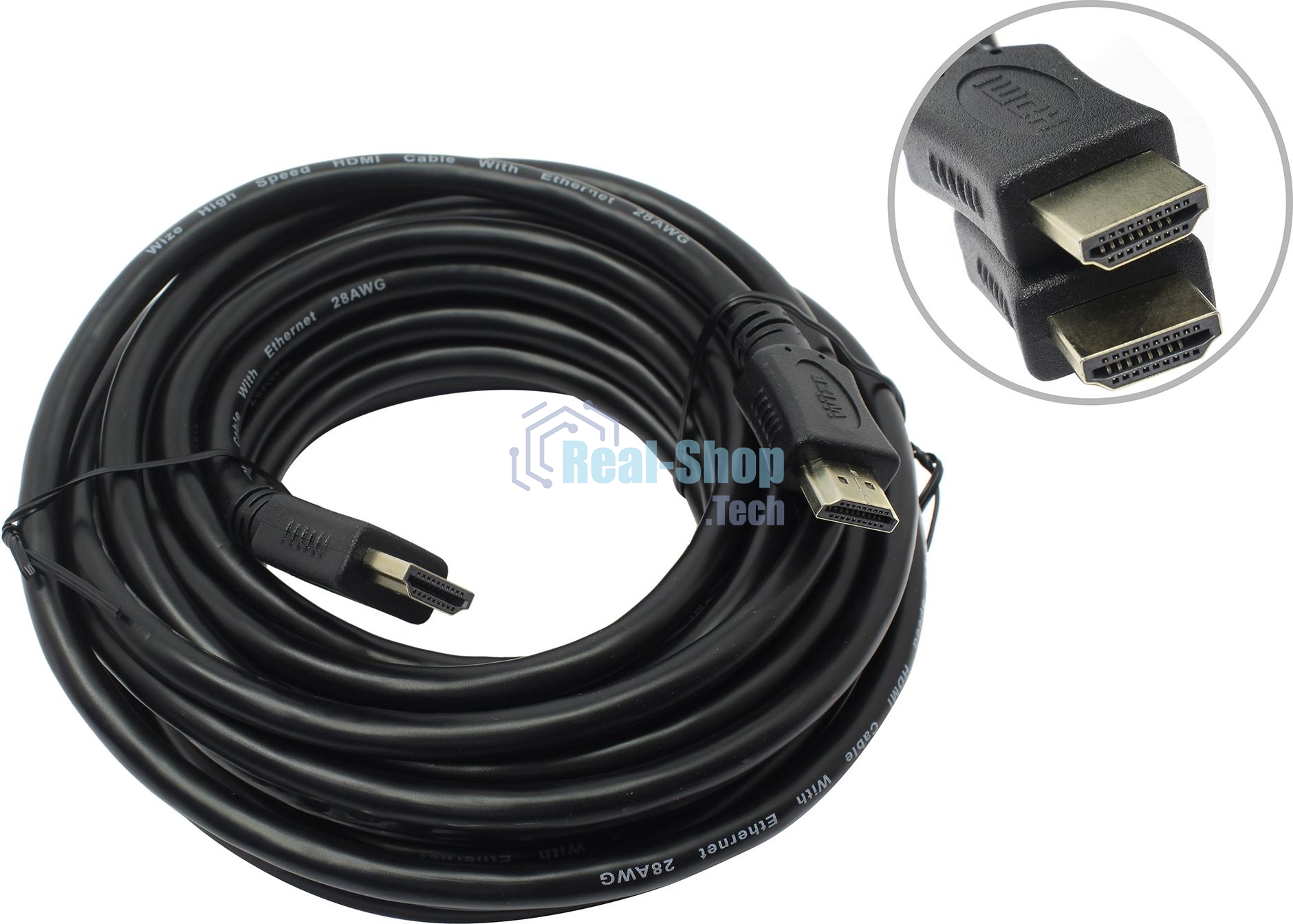 Кабель HDMI C-HM-HM-7.5M Wize, 7.5 м, v.2.0, 19M/19M, позол.разъемы, экран, черный, пакет