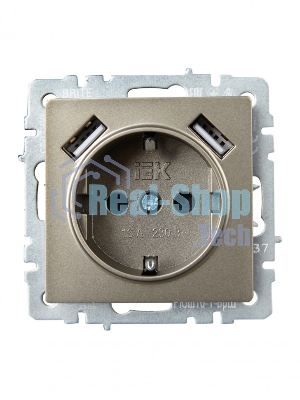 Розетка 1-местная IEK BRITE РЮш10-1-БрШ (BR-R14-16-U21-D21-K37) 16А, с USB A+A 2.1А, с заземлением, с защитными шторками, шампань