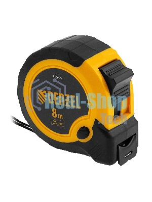 Рулетка Denzel 8м х 25мм, двухкомп. корпус, кнопка-пауза