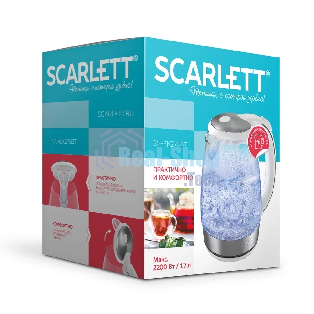 Чайник электрический Scarlett SC-EK27G104 1.7л. 2200Вт белый корпус: стекло/пластик