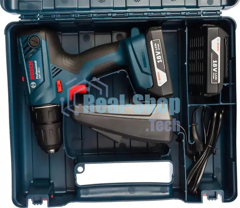 Дрель-шуруповерт аккумуляторная Bosch GSR 180 LI, 18В, 2 АКБ, Кейс
