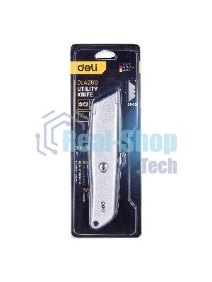 Универсальный нож с Т-образным лезвием Deli DL4260 19 мм, длина 153 мм, в комплекте 3 лезвия SK5, алюминиевый корпус