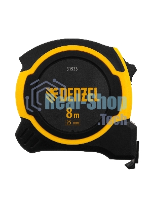 Рулетка Denzel 8м х 25мм, двухкомп. корпус, магнитный обрезиненный зацеп