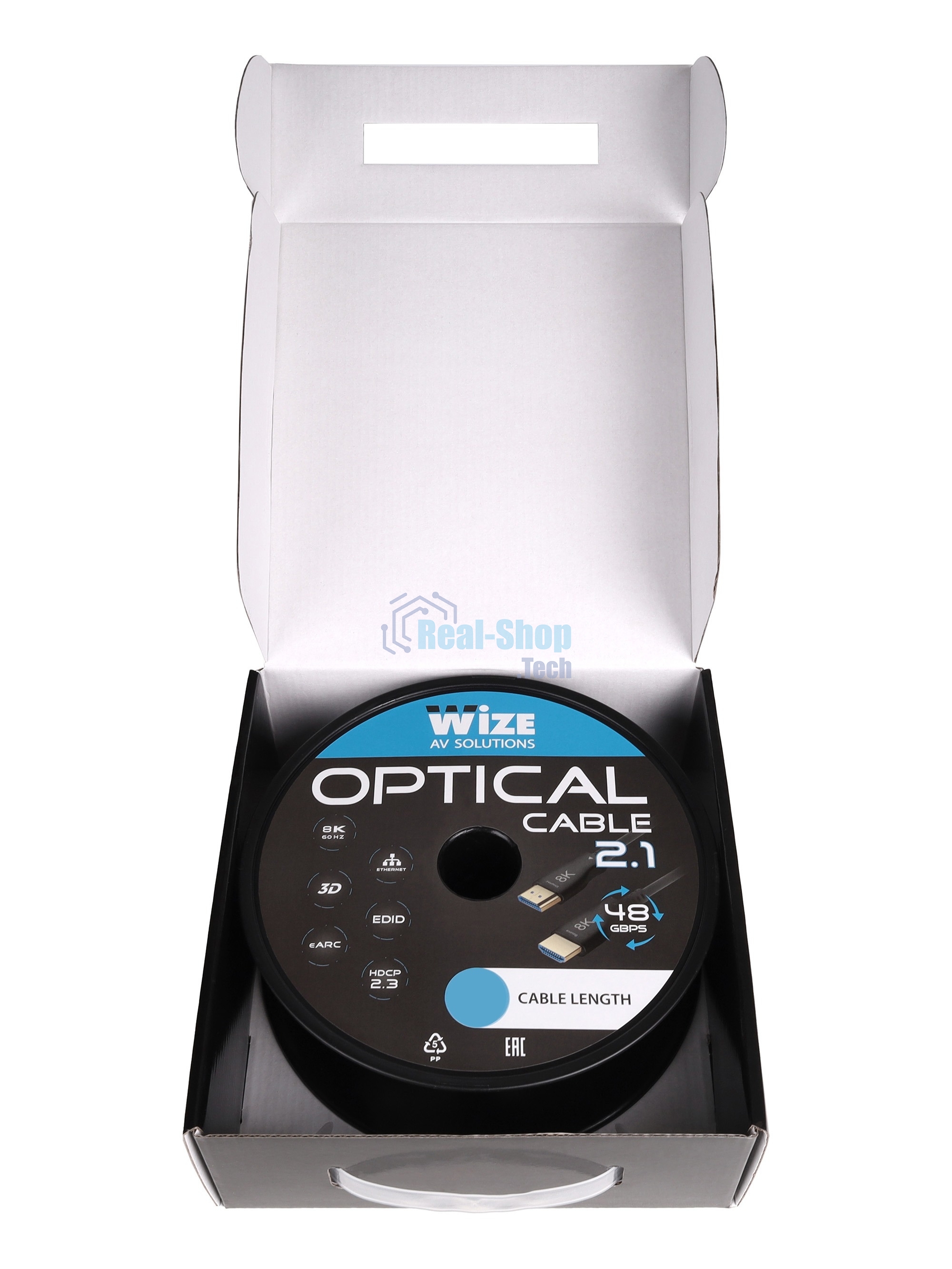 Кабель HDMI Wize AOC-8K-HM-HM-15M оптический, 15 м, 8K/60HZ 4:4:4, v.2.1, ARC, 19M/19M, HDCP 2.2, Ethernet, черный, коробка