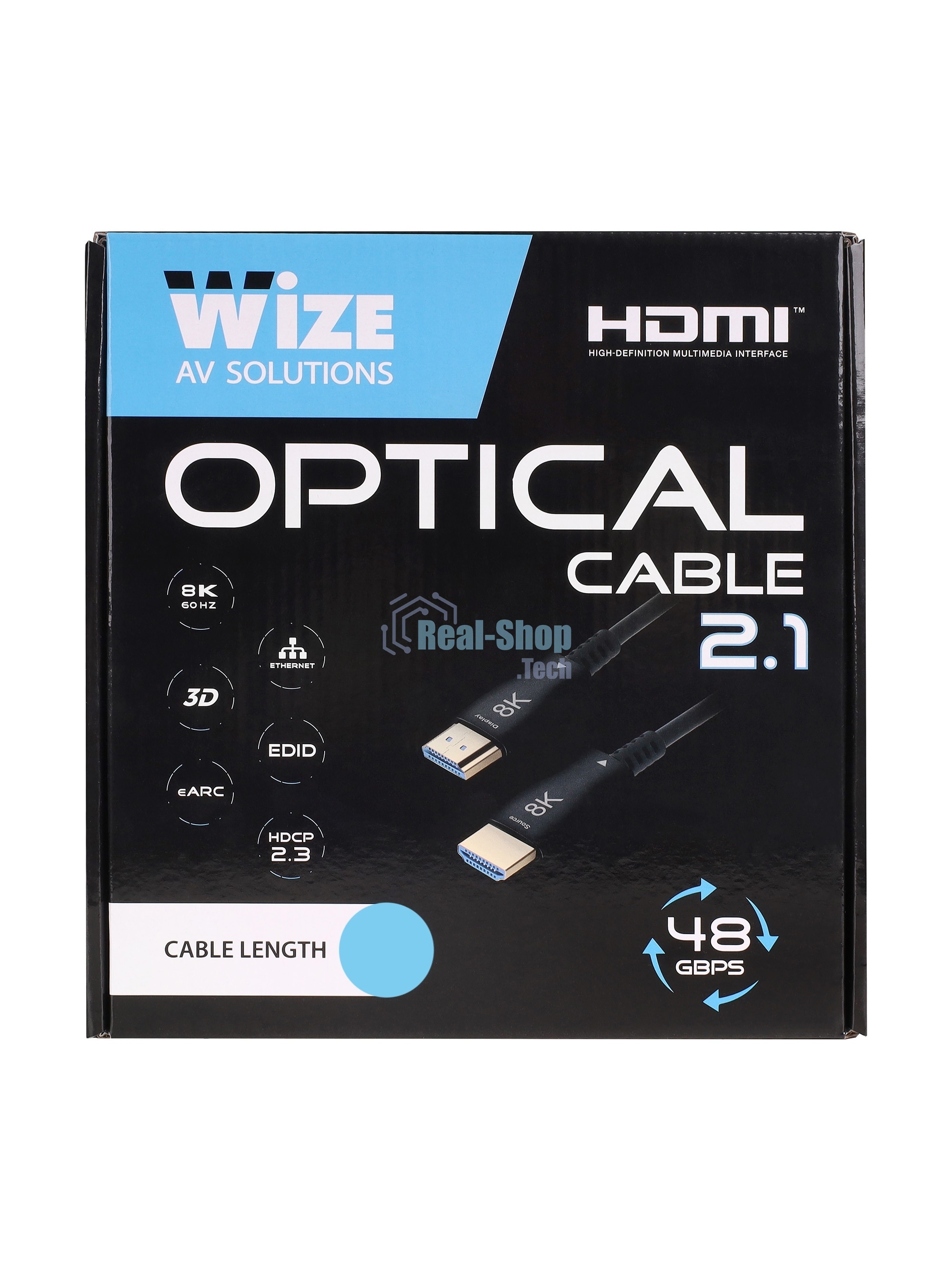 Кабель HDMI Wize AOC-8K-HM-HM-15M оптический, 15 м, 8K/60HZ 4:4:4, v.2.1, ARC, 19M/19M, HDCP 2.2, Ethernet, черный, коробка