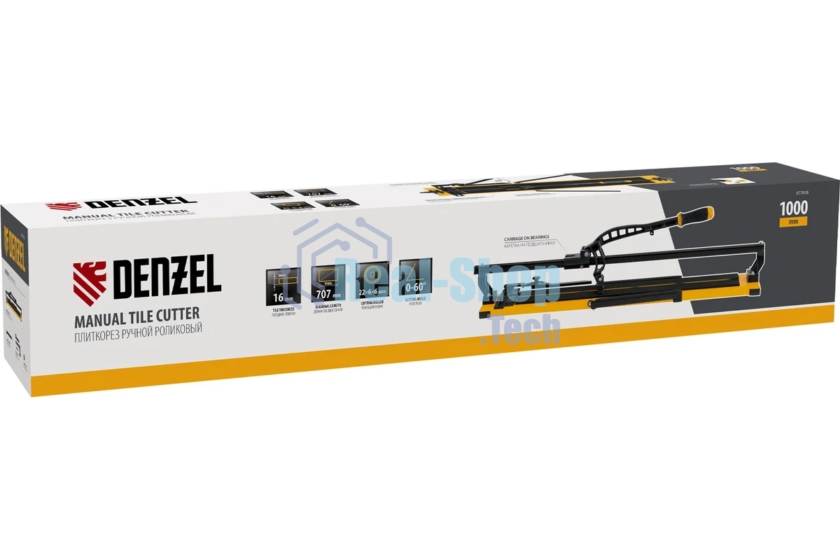 Плиткорез рельсовый Denzel 1000х16мм, каретка на подш., стальная станина, усил. рукоятка-пенал