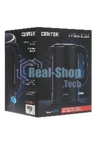 Чайник электрический Centek CT-0020 черный металл 1.7л, 2200W, бесшовная колба, двойные стенки