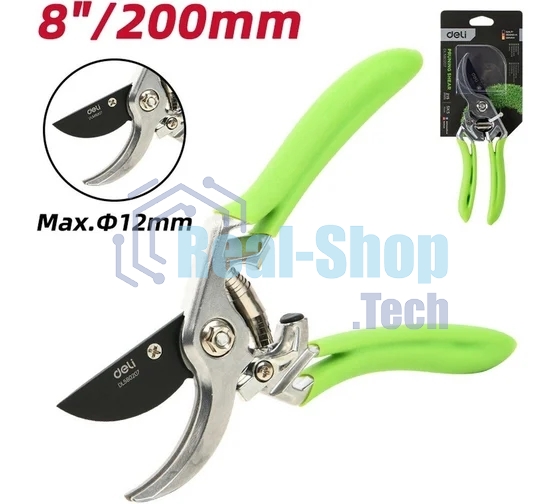 Секатор садовый Deli DL580207 цельнокованный, лезвия с тефлоновым покрытием, длина 215мм, макс. диаметр резки 12мм, сталь SK5