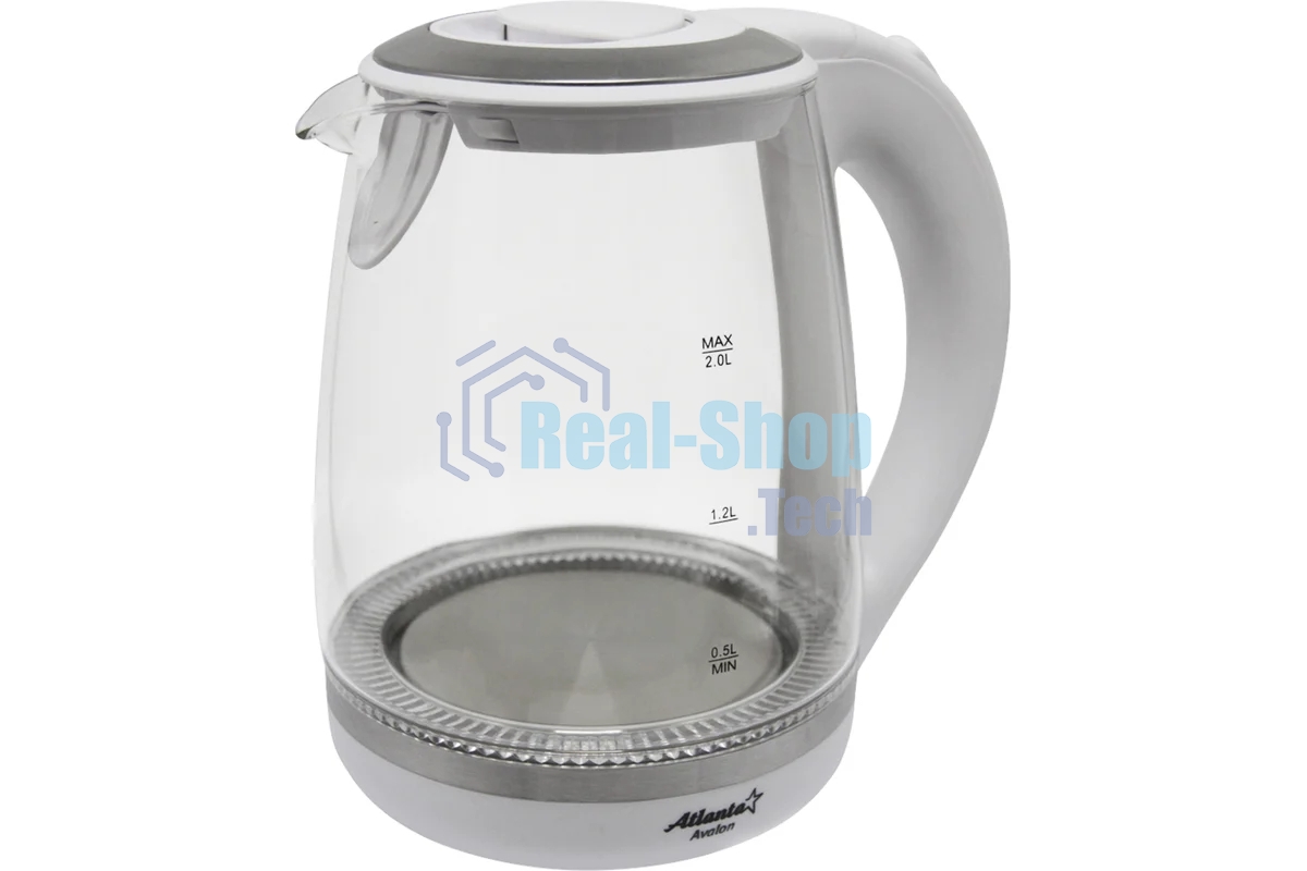 Чайник электрический Atlanta, ATH-2471 бел, стекло Стекло, 2л, 2200Вт, белый, температурная иллюминация, защита от перегрева без воды.