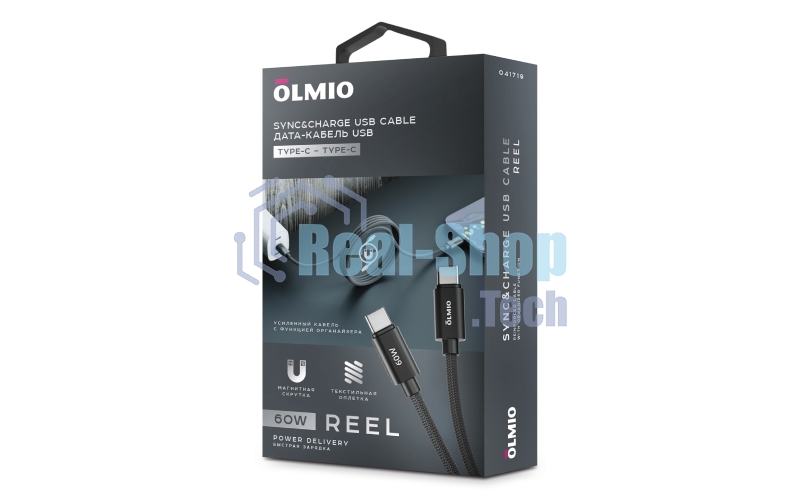 Кабель OLMIO REEL, Type-C - Type-C, 60W 3A, 1.2м, тканевая оплетка, черный