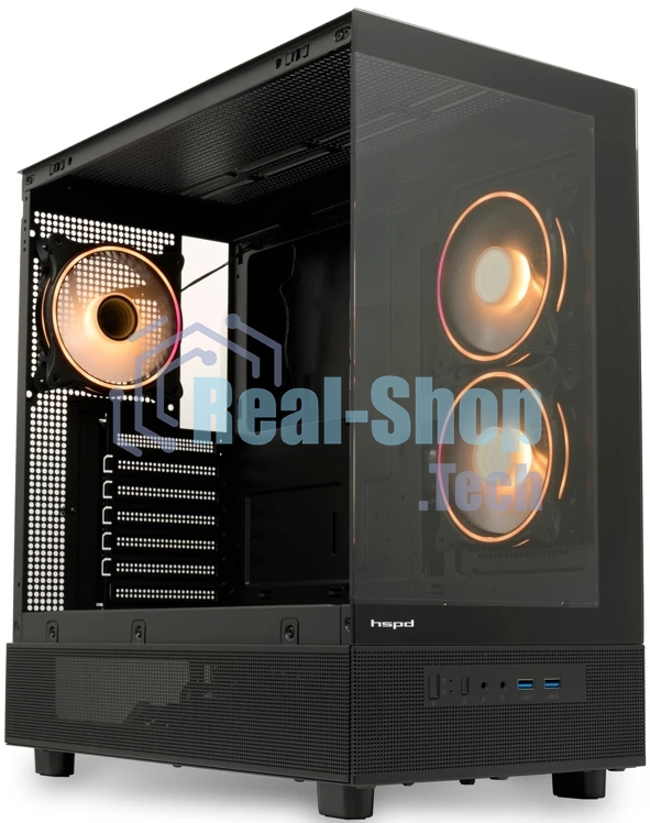 Компьютерный корпус HSPD F710, Panoramic Mid Tower, черный, TG, 0.5 SPCC, 3x120мм ARGb E-ATX, ATX, mATX, mITX 185/395/270мм 2x2.5