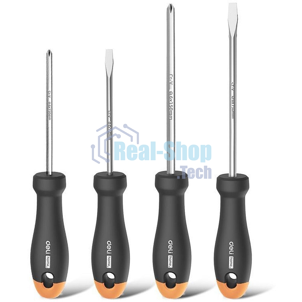 Набор отверток Home Series Gray Deli HT1004C 4шт SL5x100+SL6x150+PH1x100+PH2x150, эксклюзивный дизайн, рукоятка из высококачественного софттач пластика