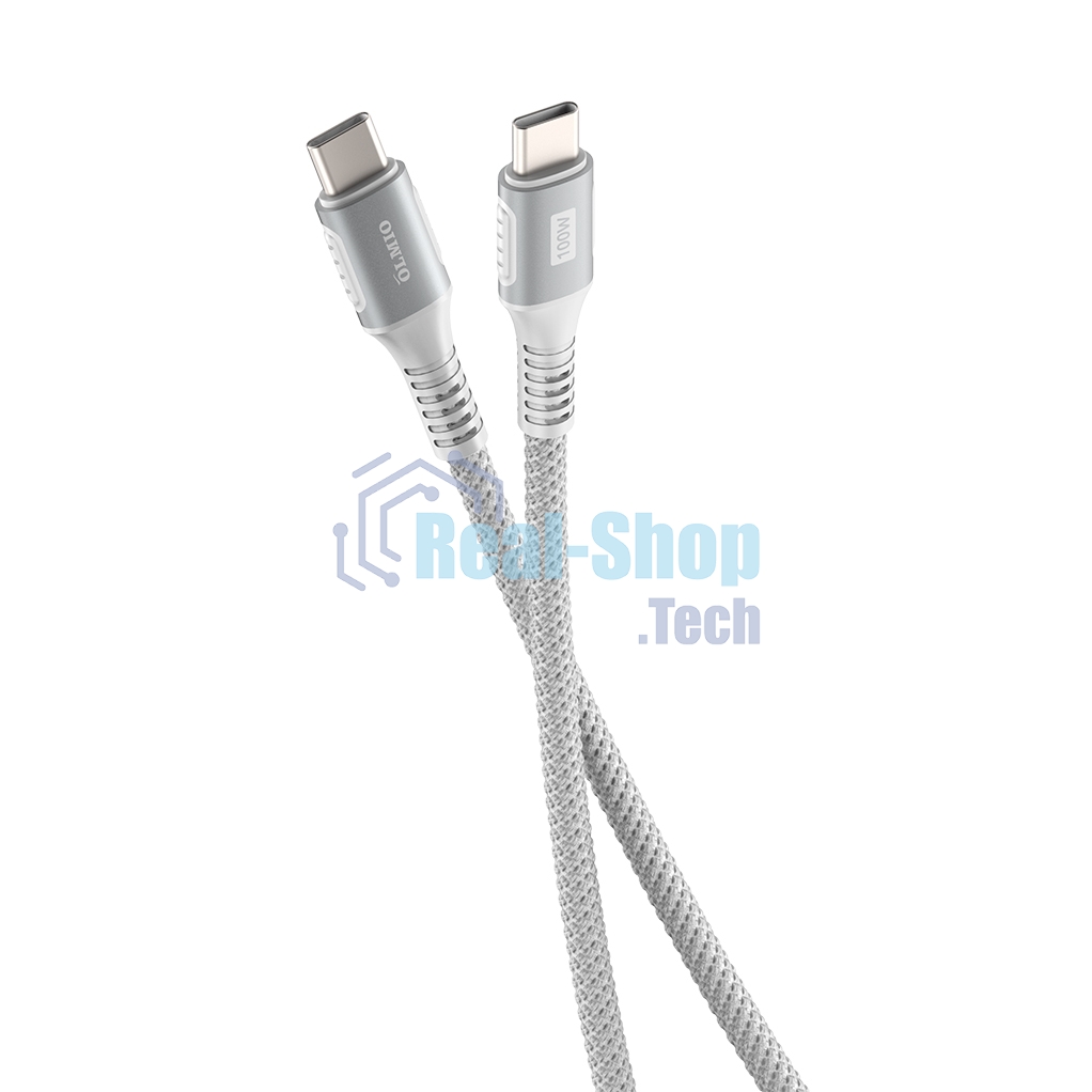 Кабель OLMIO PD100, Type-C - Type-C, PD 100W, USB2.0, 1.2м, тканевая оплетка, белый