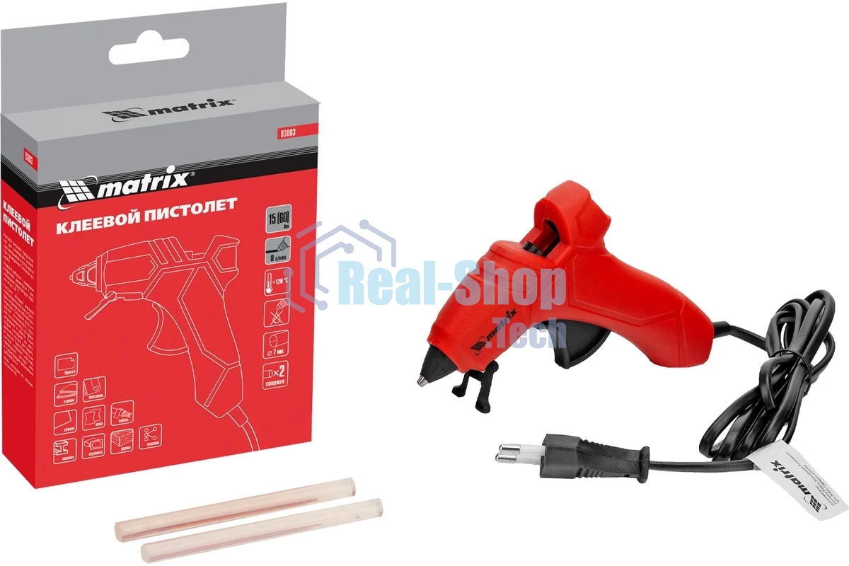 Клеевой пистолет Matrix, 7 мм, 15 (60) Вт, 8 г/мин