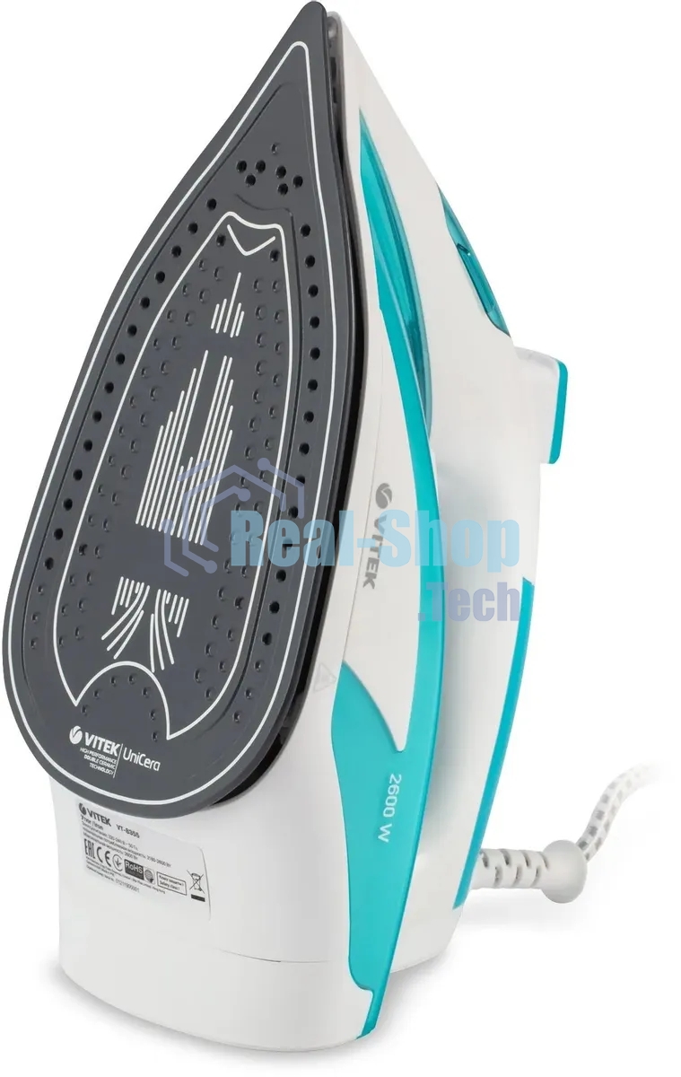 Утюг Vitek VT-8355 (MC) белый/бирюзовый 1. Максимальная мощность 2600 Вт 2. Керамическая подошва 3. Емкость для воды 400 мл
