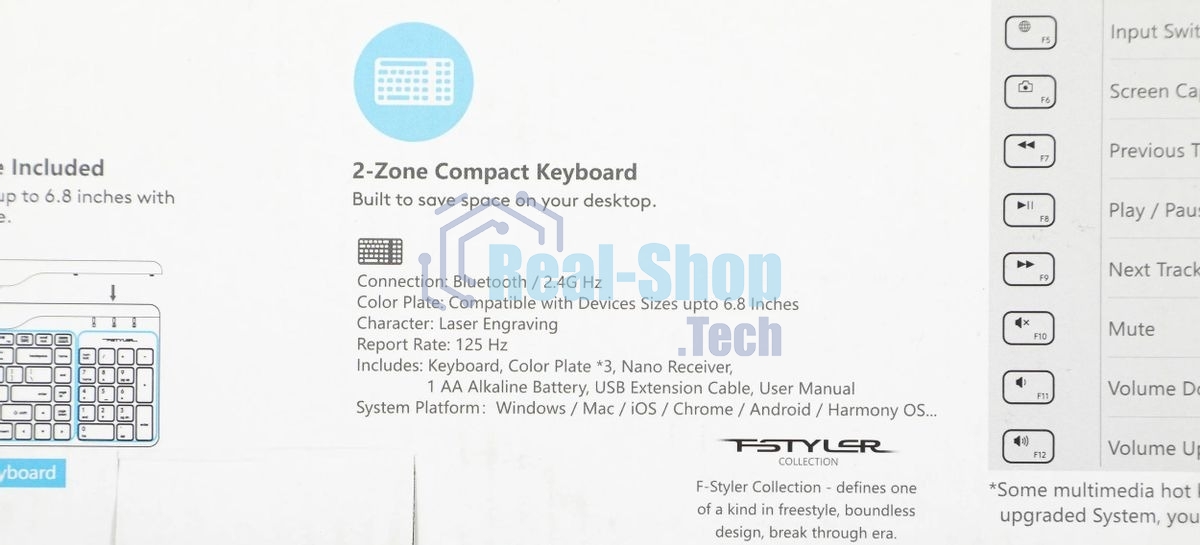 Клавиатура беспроводная A4Tech Fstyler FBK25, USB, Bluetooth/Радиоканал, черный/серый