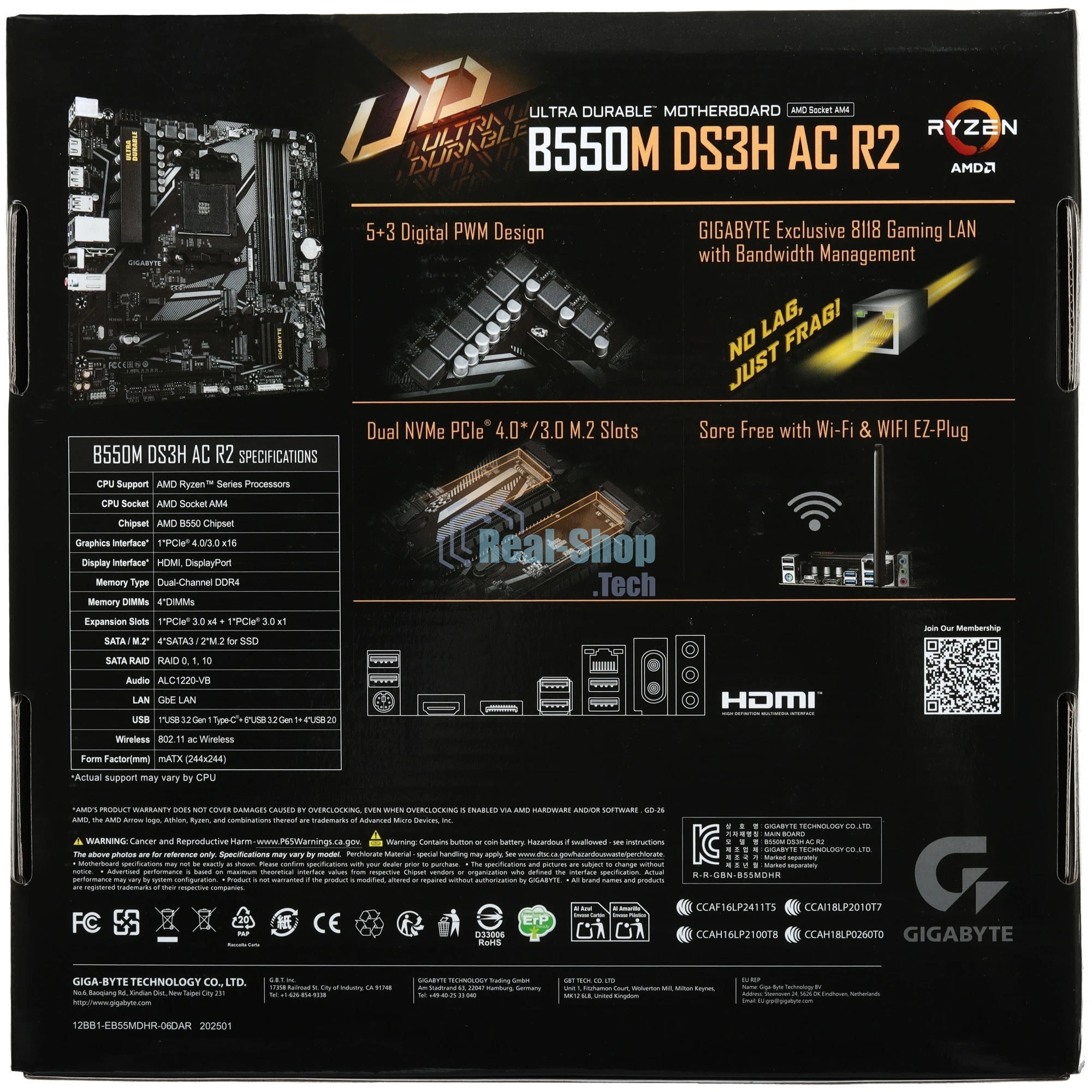 Материнская плата Gigabyte B550M DS3H AC R2, AM4, AMD B550, 4xDDR4, 4xSATA, 2xM.2, 1xPCIe 4.0 x16, 1xPCIe 3.0 x4, 1xPCIe 3.0 x1, 1xDP, 1xHDMI, 1x1Gb LAN, Wi-Fi, Bluetooth 5.0, 4xUSB-A 5Gbps, 2xUSB-A 2.0, 3x3.5 мм, 7.1, mATX
