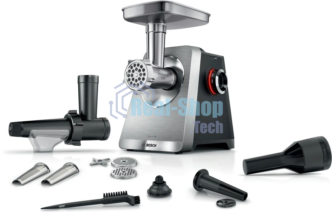 Мясорубка электрическая Bosch Series 8 MFWS835M черный, 2500 Вт, 4.5 кг/мин, реверс, защита от перегрузки, металлический лоток, насадки - 6