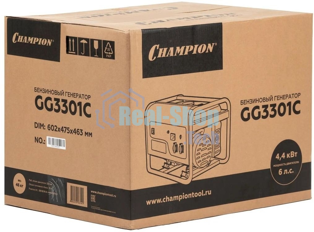 ГенераторCHAMPION GG3301C (2,8/3,1кВт 6лс 15л46кг высокий пусковой ток, 7кВт), шт