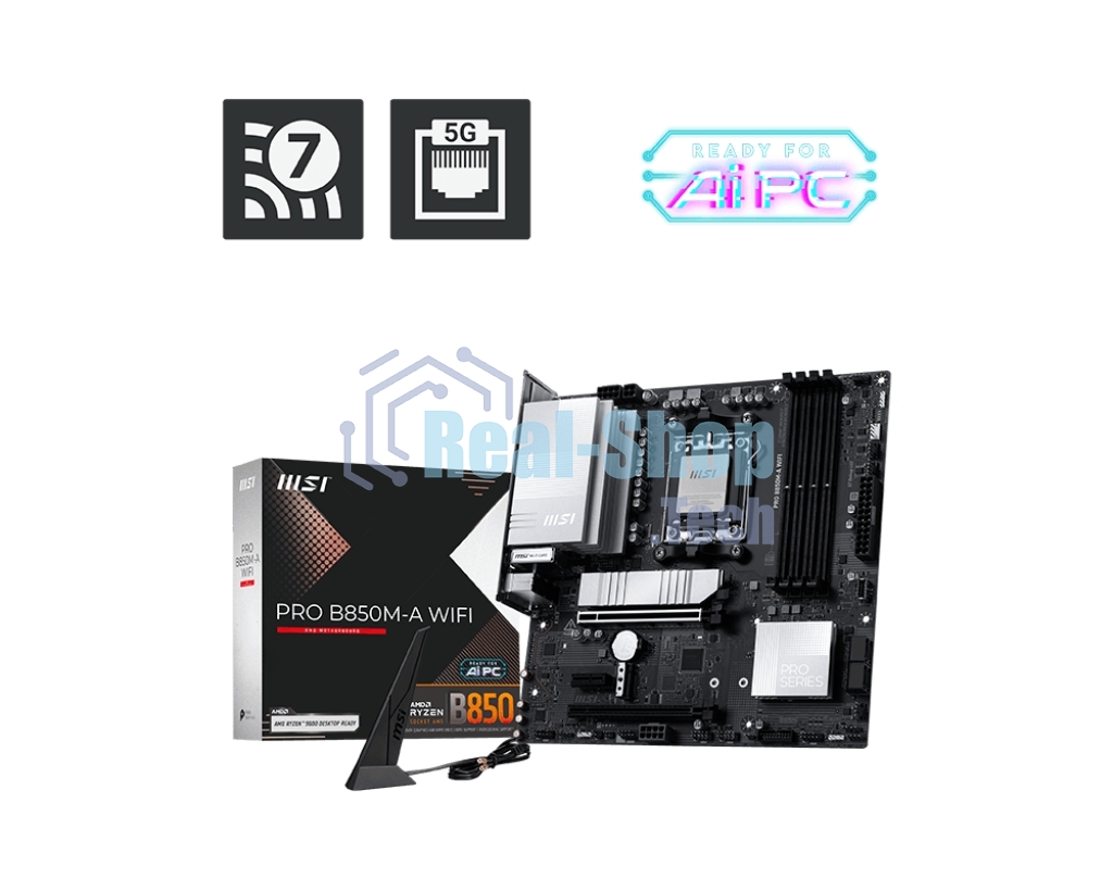 Материнская плата MSI PRO B850M-A WIFI, AM5, AMD B850, 4xDDR5, 4xSATA, 2xM.2, 1xPCIe 5.0 x16, 1xPCIe 4.0 x4, 1xPCIe 3.0 x1, 1xDP, 1xHDMI, 1x5Gb LAN, Wi-Fi 7, Bluetooth 5.4, 2xUSB-C 10Gbps, 3xUSB-A 10Gbps, 3xUSB-A 5Gbps, 4xUSB-A 2.0, 3x3.5 мм, 7.1, mATX