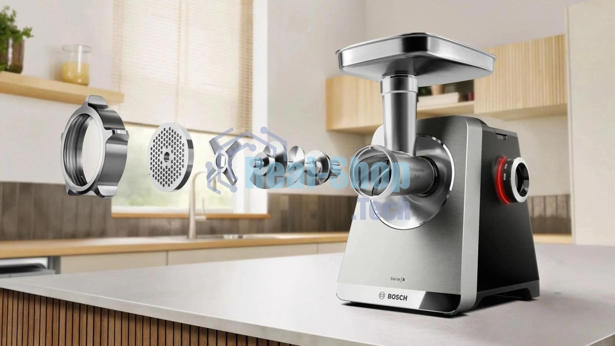Мясорубка электрическая Bosch Series 8 MFWS835M черный, 2500 Вт, 4.5 кг/мин, реверс, защита от перегрузки, металлический лоток, насадки - 6