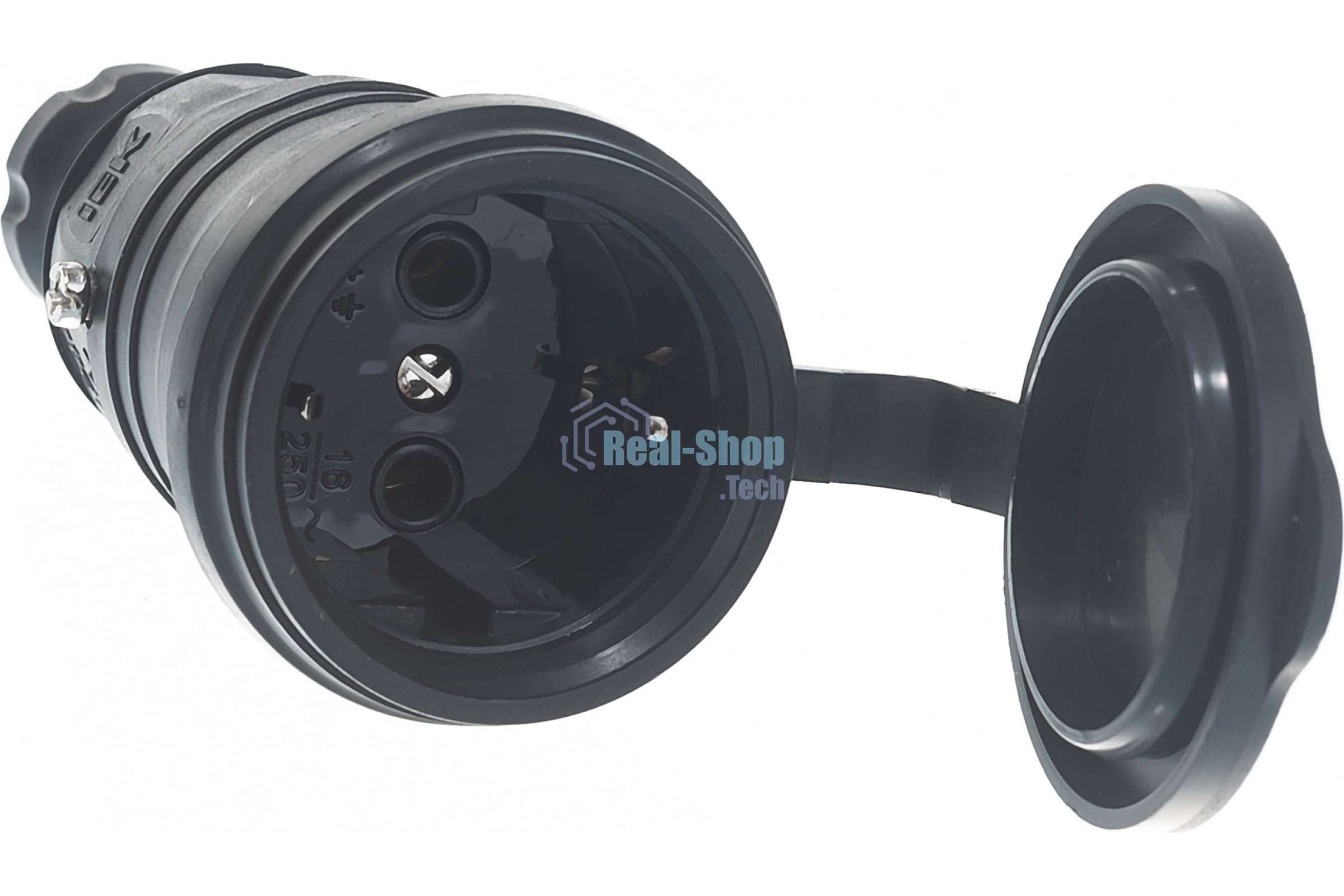 Розетка 1-м Омега РБп13-1-0м с защ. крышкой переносная с заземл. IP44 черный каучук ИЭК PKR21-016-2-K02