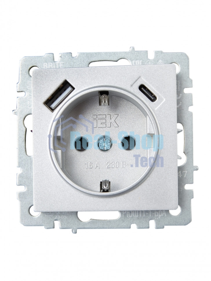 Розетка 1-местная IEK BRITE РЮш11-1-БрА (BR-R14-16-U22-018-K47) с заземлением, с защитными шторками, 16А, с USB A+C 18 Вт, алюминий