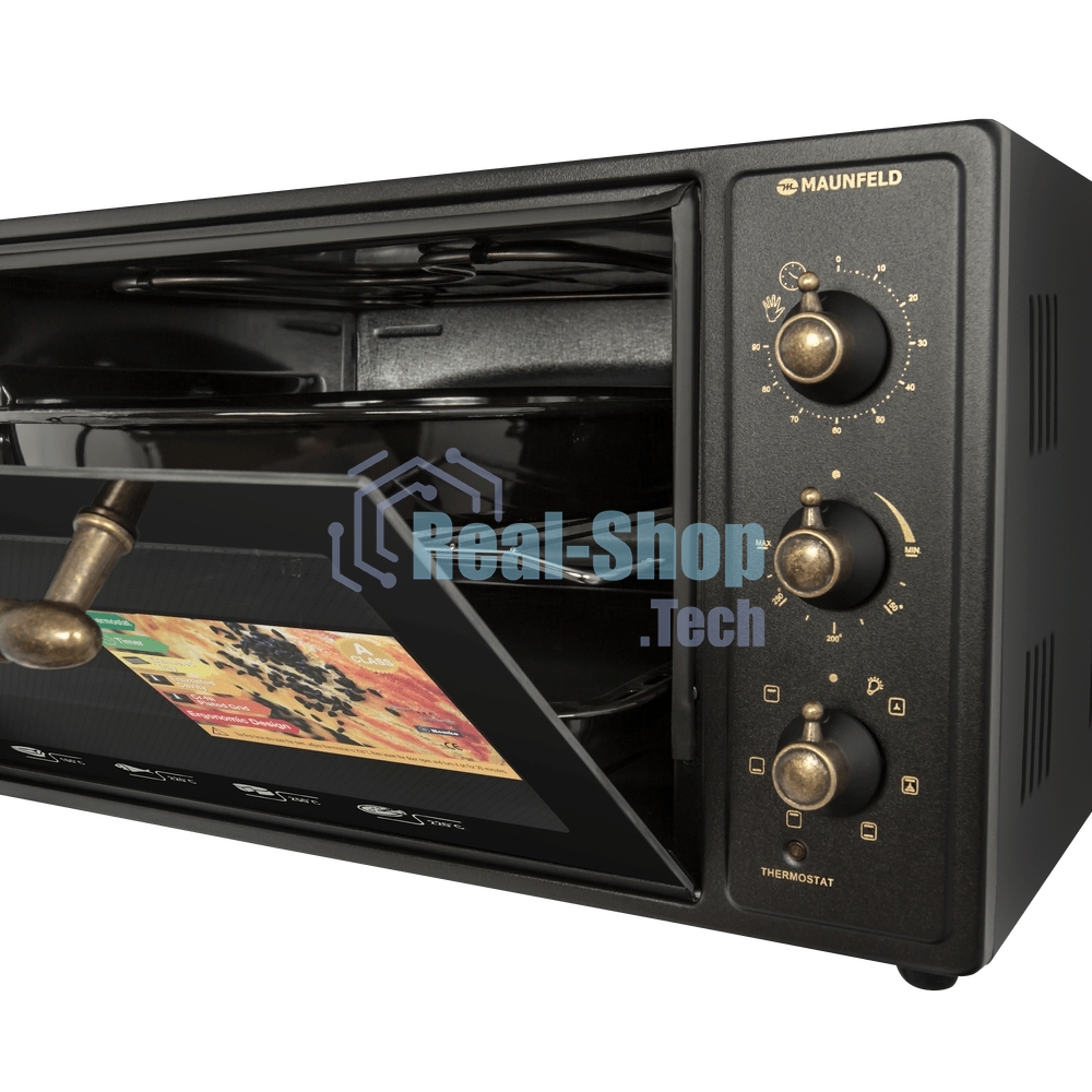Мини-печь Maunfeld Мини-печь Maunfeld/ ширина 60 см, механическое управление, 45 л,конвекция, черный+стекло,фурнитура бронза