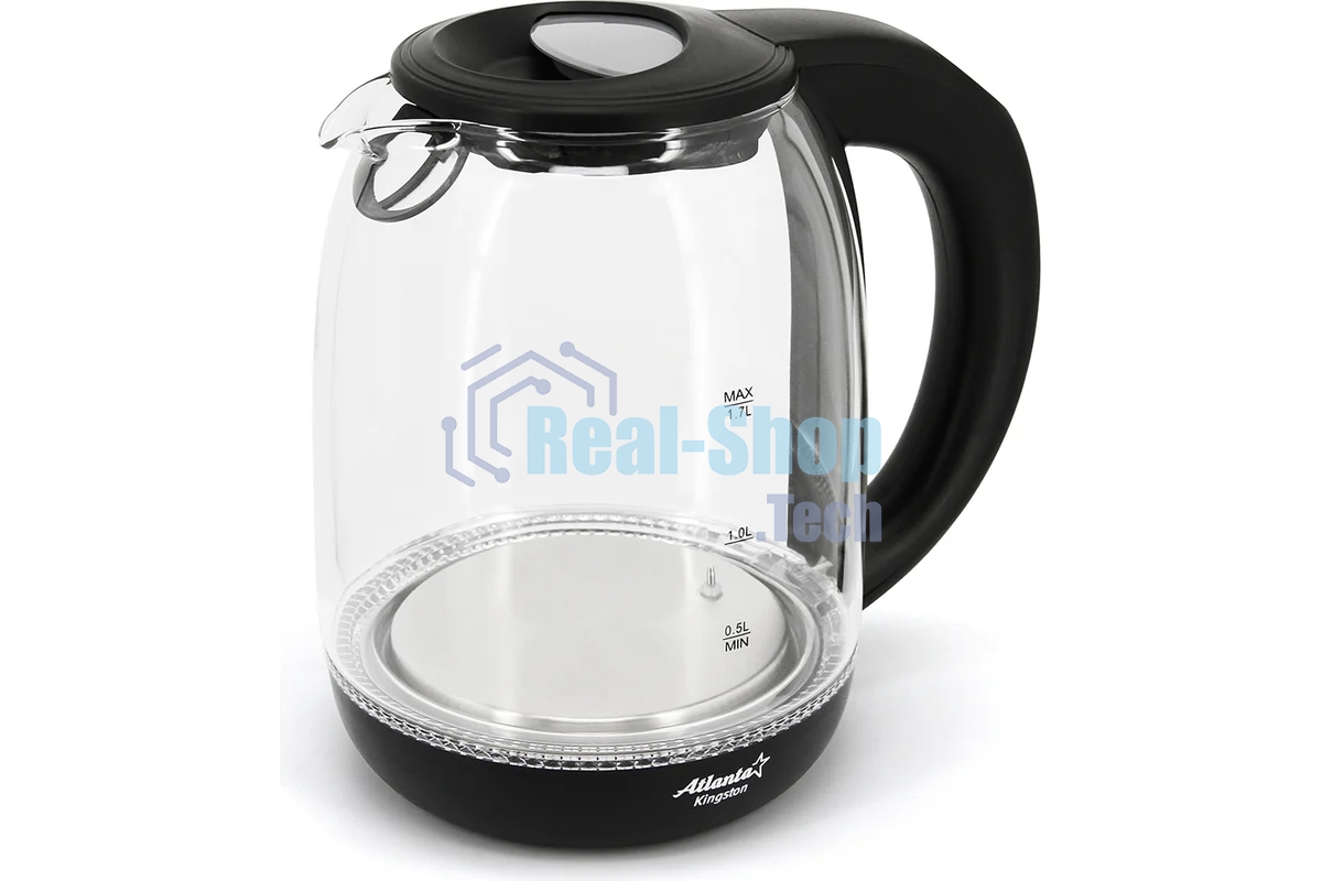 Чайник электрический Atlanta, ATH-2532 черн, стекло Стекло, 1,7л, 2200Вт, ЦИФРОВОЙ КОНТРОЛЛЕР ТЕМПЕРАТУРЫ НА РУЧКЕ, черный, температурная иллюминация, защита от перегрева без воды.