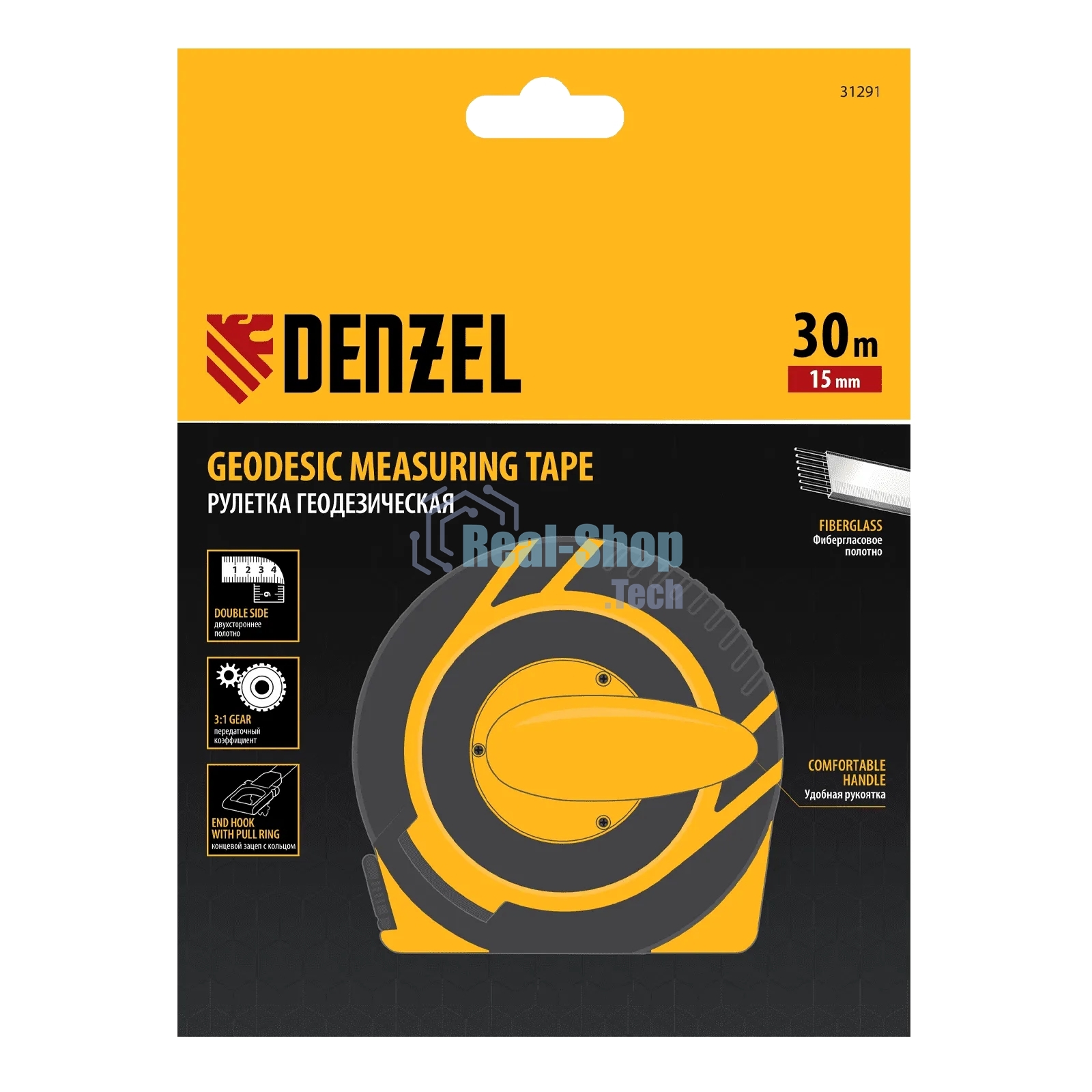 Рулетка геодезическая Denzel 30 м х 15 мм, закрытый корпус, фиберглассовая лента