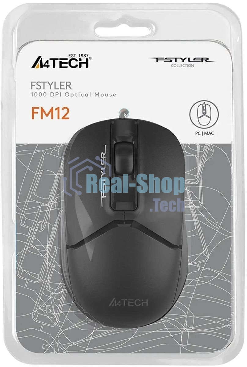 Мышь проводная A4Tech Fstyler FM12S черный, 1200 dpi, USB, кнопки - 3