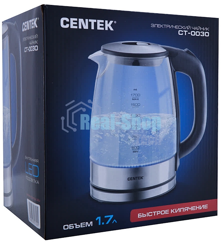 Чайник электрический Centek CT-0030 черный стекло 1.7 л, 2200 Вт, внутр. LED подсветка, защита от вкл б/воды
