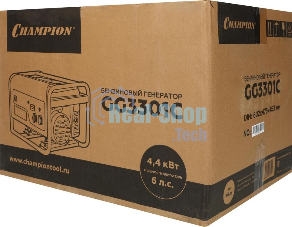 ГенераторCHAMPION GG3301C (2,8/3,1кВт 6лс 15л46кг высокий пусковой ток, 7кВт), шт