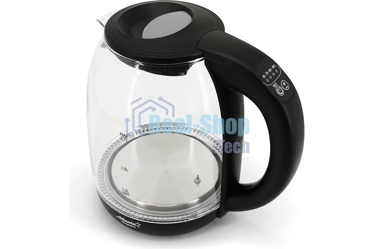 Чайник электрический Atlanta, ATH-2532 черн, стекло Стекло, 1,7л, 2200Вт, ЦИФРОВОЙ КОНТРОЛЛЕР ТЕМПЕРАТУРЫ НА РУЧКЕ, черный, температурная иллюминация, защита от перегрева без воды.