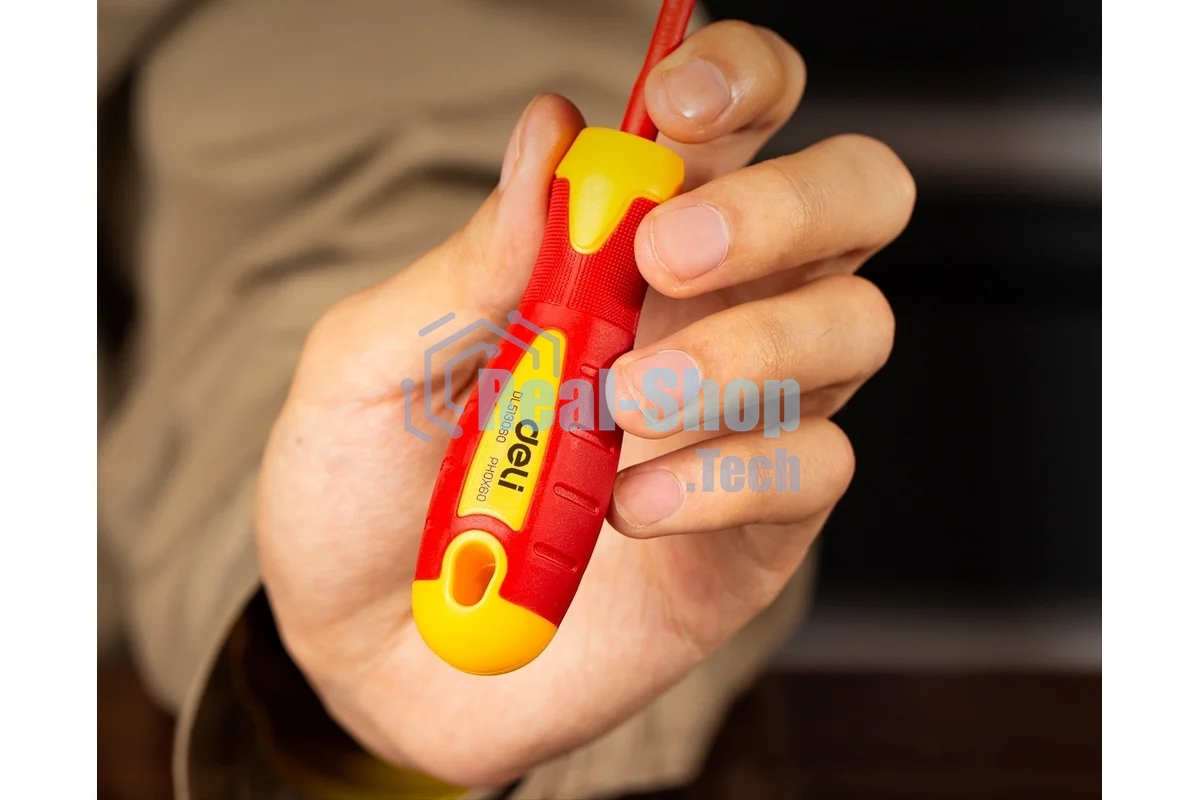 Диэлектрическая крестовая отвертка Deli DL513060 PH0х60 мм сталь Cr-V, сертификат VDE для работ под напряжением до 1000 В