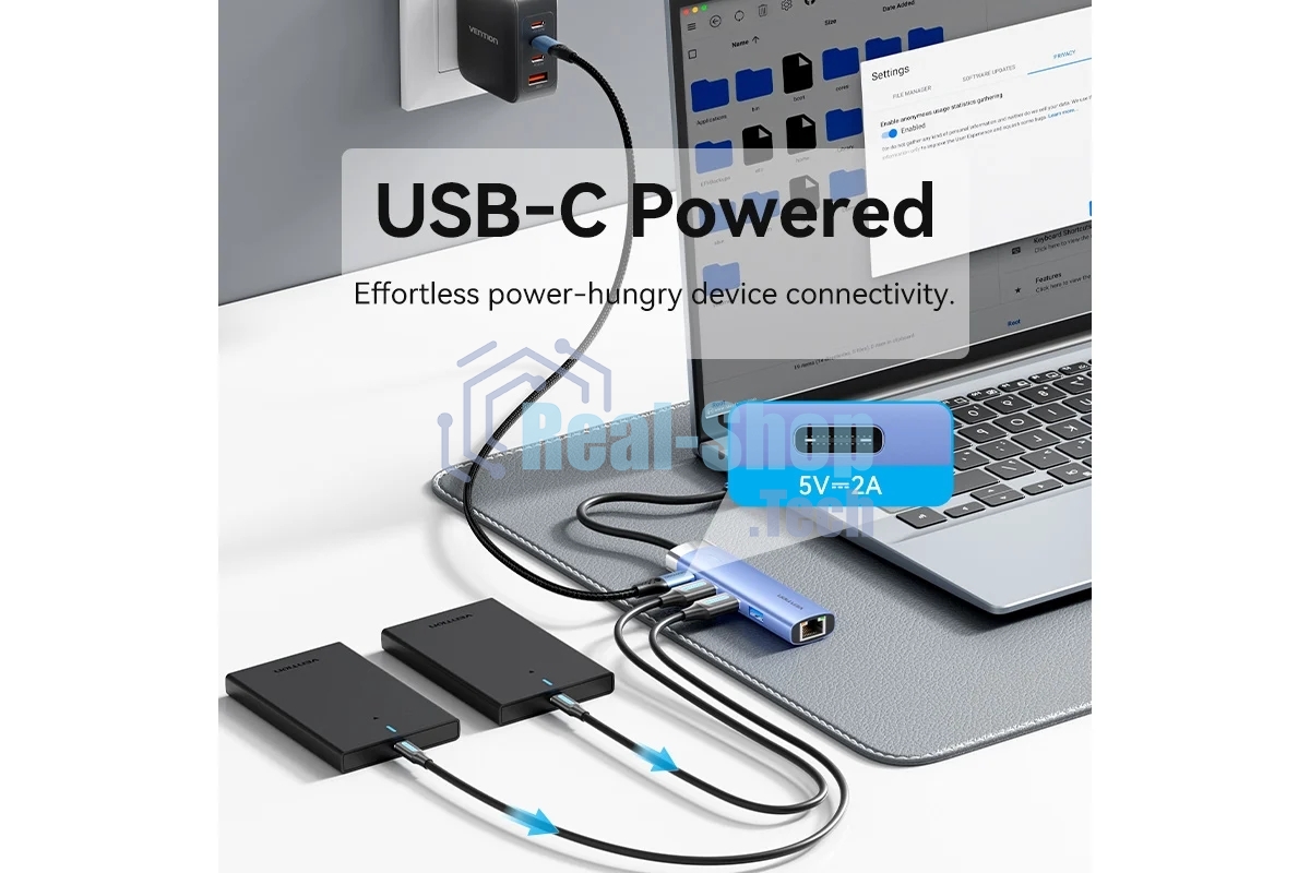 Сетевой адаптер Vention USB 3.0 M/Gigabit Ethernet RJ45+OTG хаб 3xUSB Синий - 0.15м.