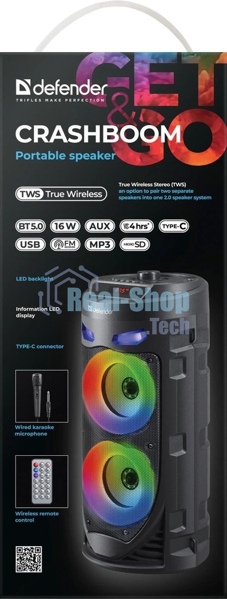 Портативная колонка Defender 16W черный CRASHBOOM
